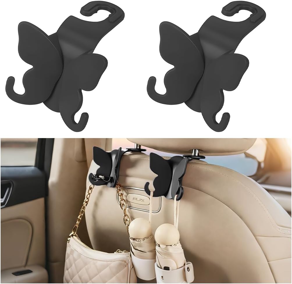 2PCS Car Seat Headrest Hook, Cute Butterfly Backseat Storage Hanger Organizer for Purse Handbag Umbrella, Auto Interior Seat Back Hook Holder Decor, Universal for SUV Truck Van (Black)