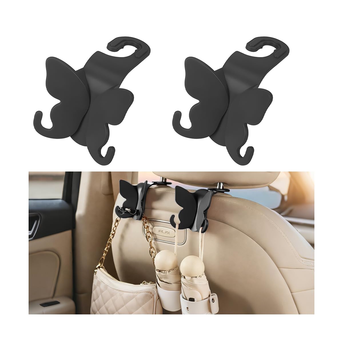 2PCS Car Seat Headrest Hook, Cute Butterfly Backseat Storage Hanger Organizer for Purse Handbag Umbrella, Auto Interior Seat Back Hook Holder Decor, Universal for SUV Truck Van (Black)