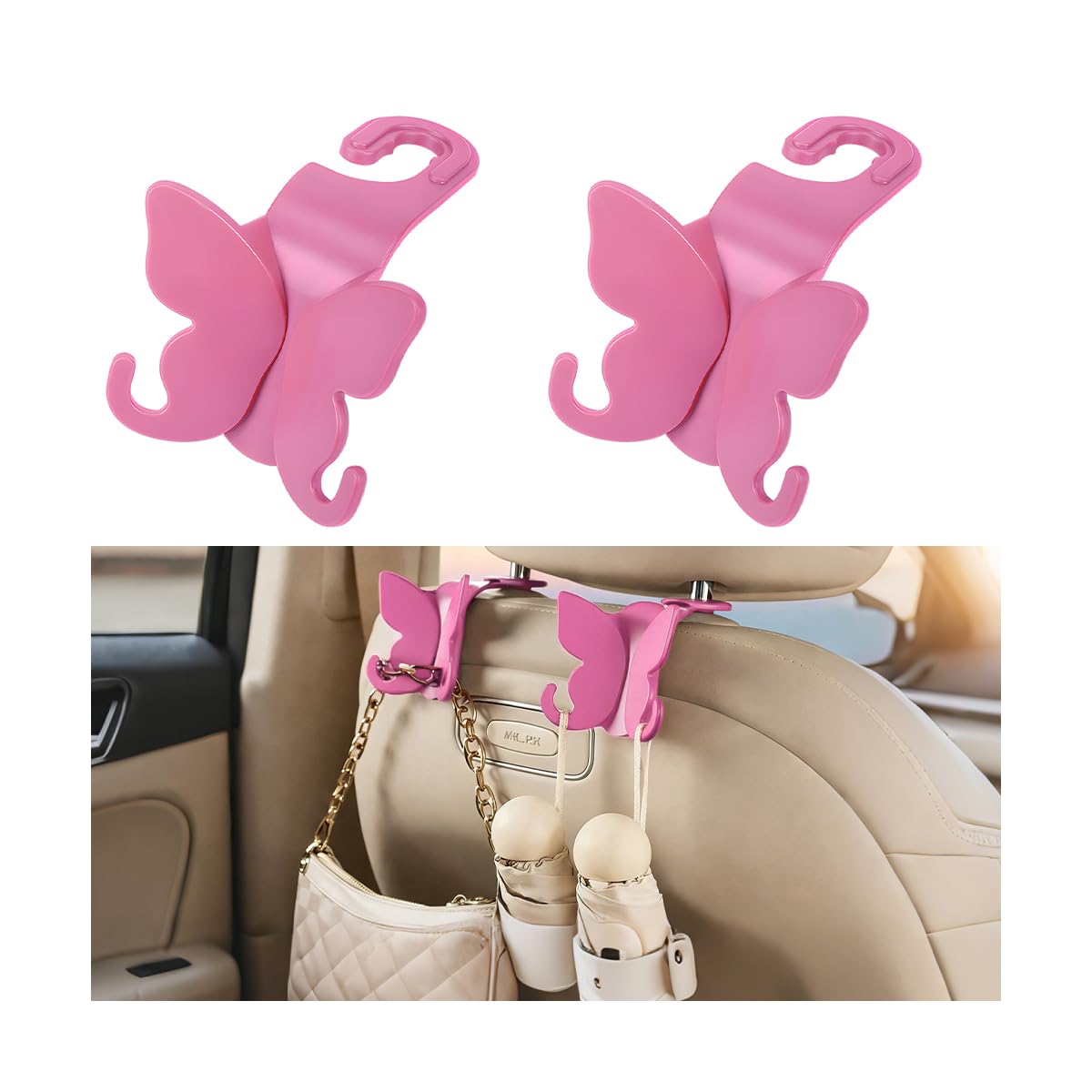 2PCS Car Seat Headrest Hook, Cute Butterfly Backseat Storage Hanger Organizer for Purse Handbag Umbrella, Auto Interior Seat Back Hook Holder Decor, Universal for SUV Truck Van (Black)