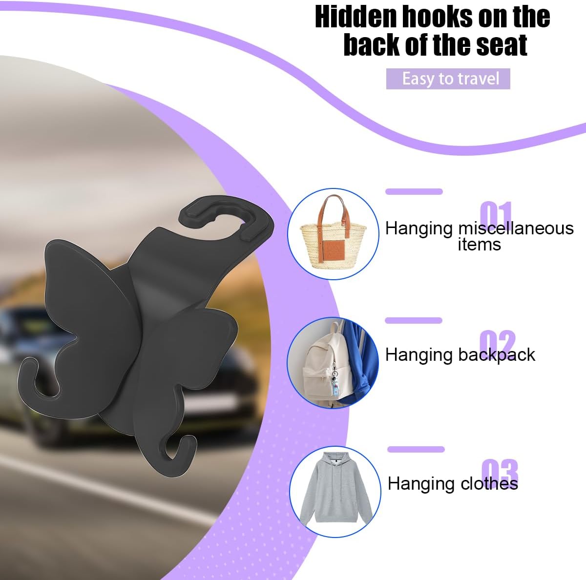 2PCS Car Seat Headrest Hook, Cute Butterfly Backseat Storage Hanger Organizer for Purse Handbag Umbrella, Auto Interior Seat Back Hook Holder Decor, Universal for SUV Truck Van (Black)