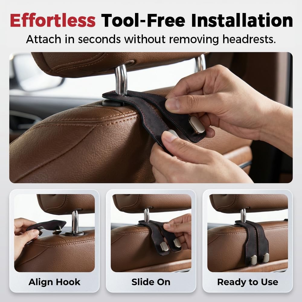 Car Headrest Hooks 2 Pack, Double Hook Seat Organizer for Purses Bags,Black