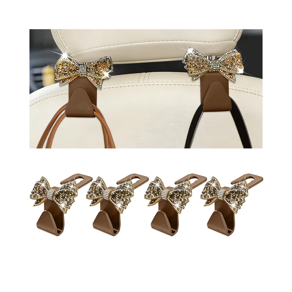 Zpana 4PCS Bling Car Headreat Hook, Crystal Rhinestone Cute Bow, Blue