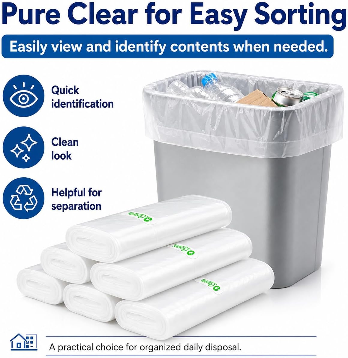 Teivio Small Clear Trash Bags 3 Gallon 150 Count Bathroom Garbage Bags