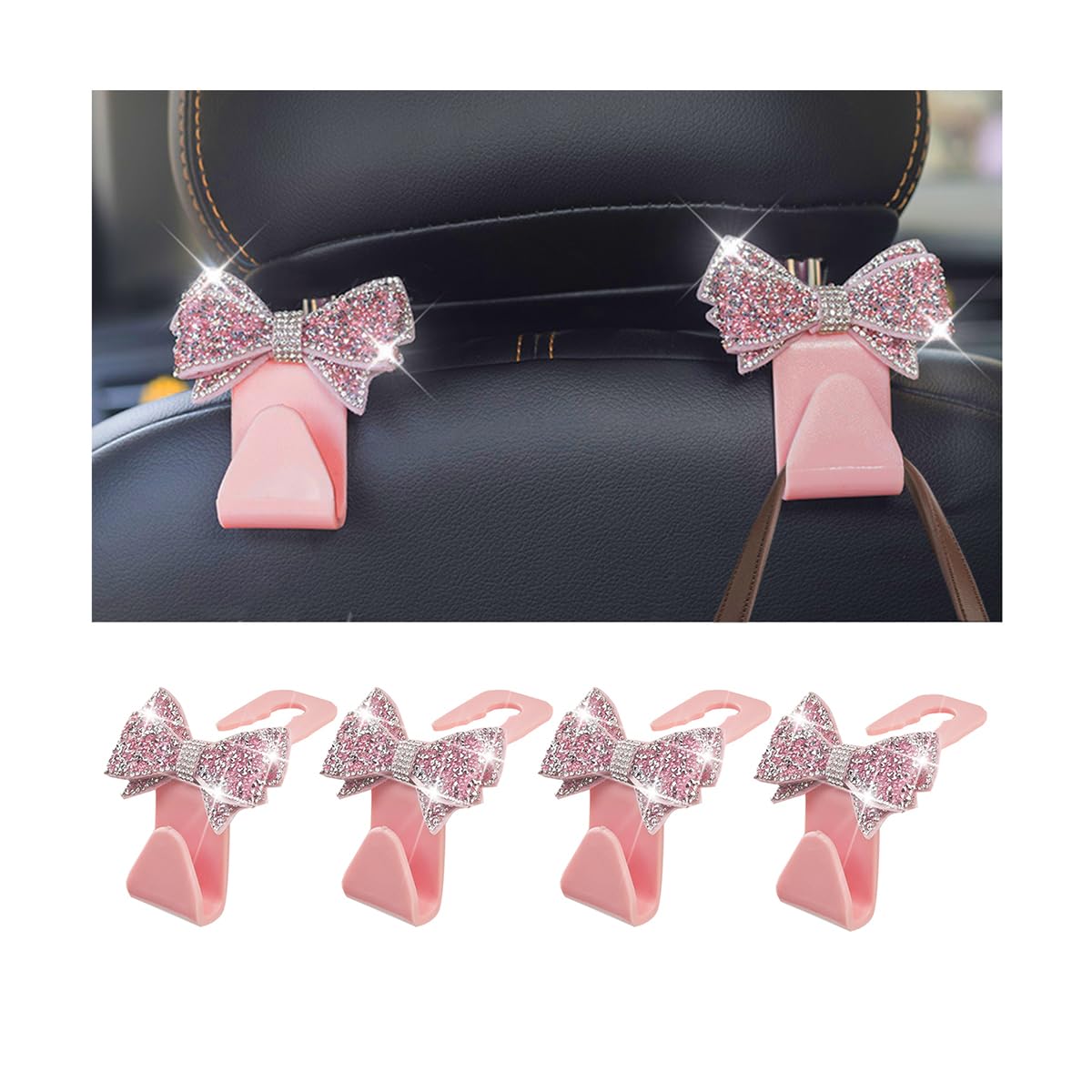 Zpana 4PCS Bling Car Headreat Hook, Crystal Rhinestone Cute Bow, Blue