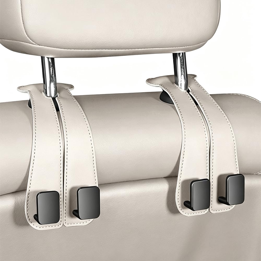 Car Seat Headrest Hooks for Purses and Bags, Double Hook Leather Car Headrest Bag Holder, 90° Rotatable Back Seat Organizer Hook for Sedans, SUVs, Trucks & Vans (Black)