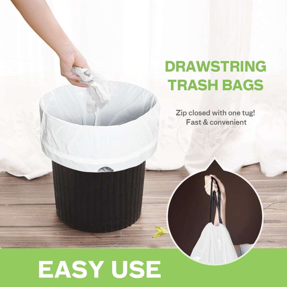 Teivio 2 Gallon Small Drawstring Trash Bags, 90 Count White Garbage Bags, Mini Plastic Bin Liners fit 1.8-2 Gal Waste Bin for Bathroom, Kitchen, Bedroom, Office, Pet Litter, Household Daily Use