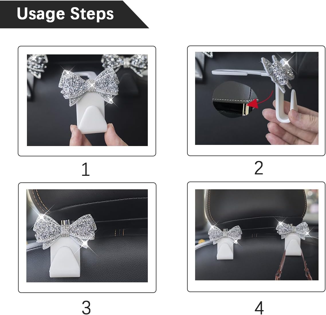 Zpana 4PCS Bling Car Headreat Hook, Crystal Rhinestone Cute Bow, Blue