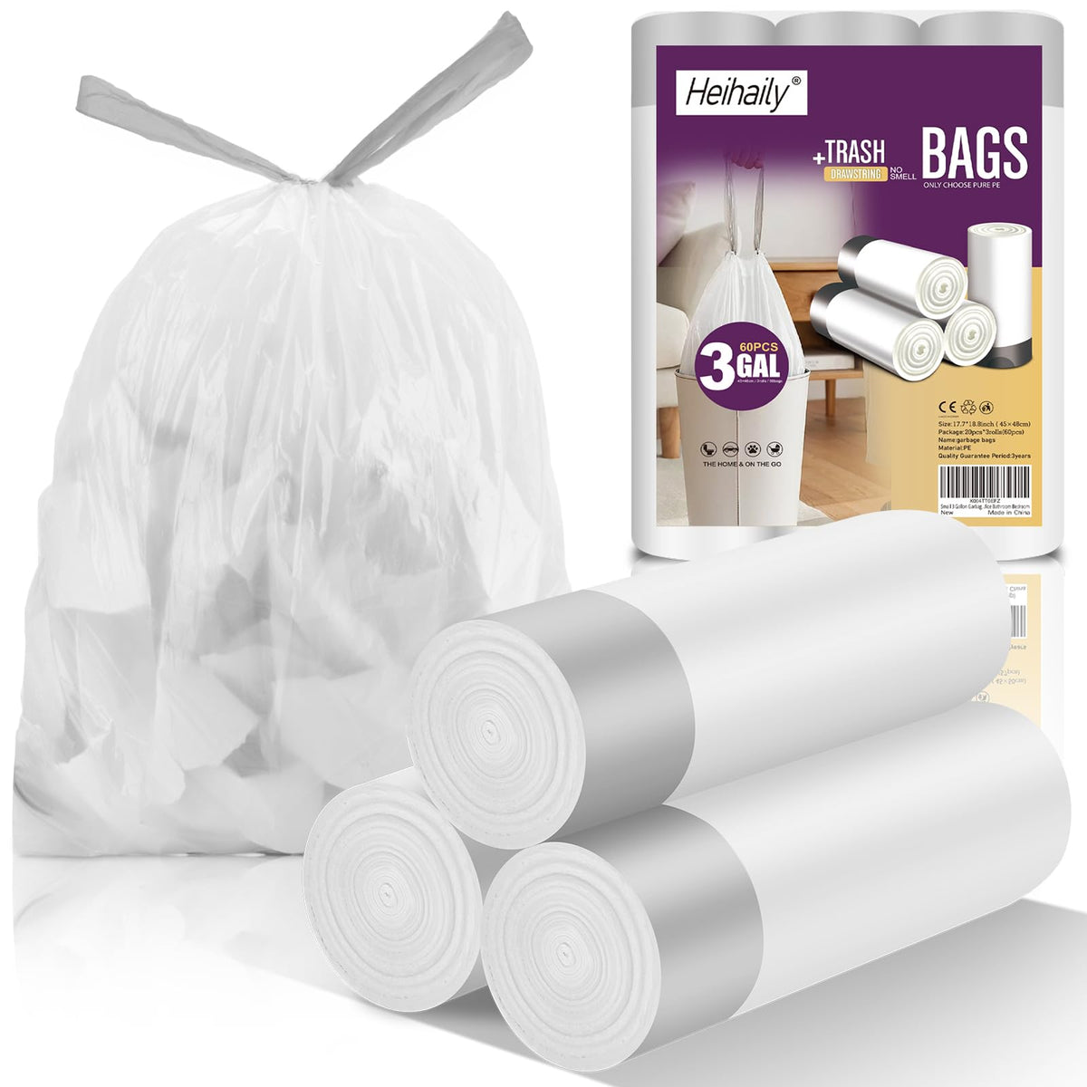 2.6 Gallon Small Trash Bags, Heihaily 60 Count Clear Drawstring Garbage Bags with Leak-Proof Bottom for Bathroom, Office & Bedroom, 16.9 x 17.7 Inch Plastic Waste Bags (≈10 Liter)