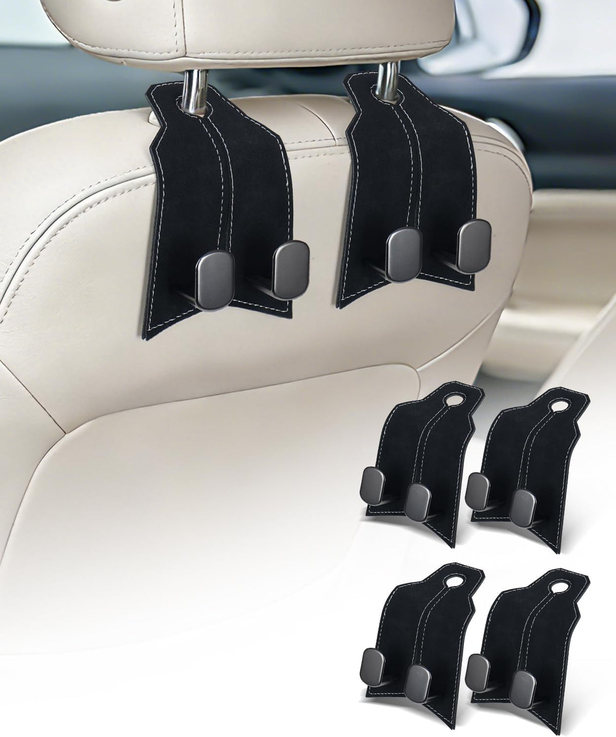 Purse Hook for Car, Car Hooks for Seat Headrest Metal & Premium Leather 2026 Latest, Auto Headrest Hanger Organizer Accessories for Purses and Bags, 2 Pack Black