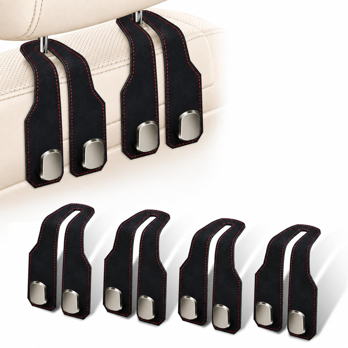 2 Pack Car Headrest Hooks, Dual Metal Hooks, Stylish Brown