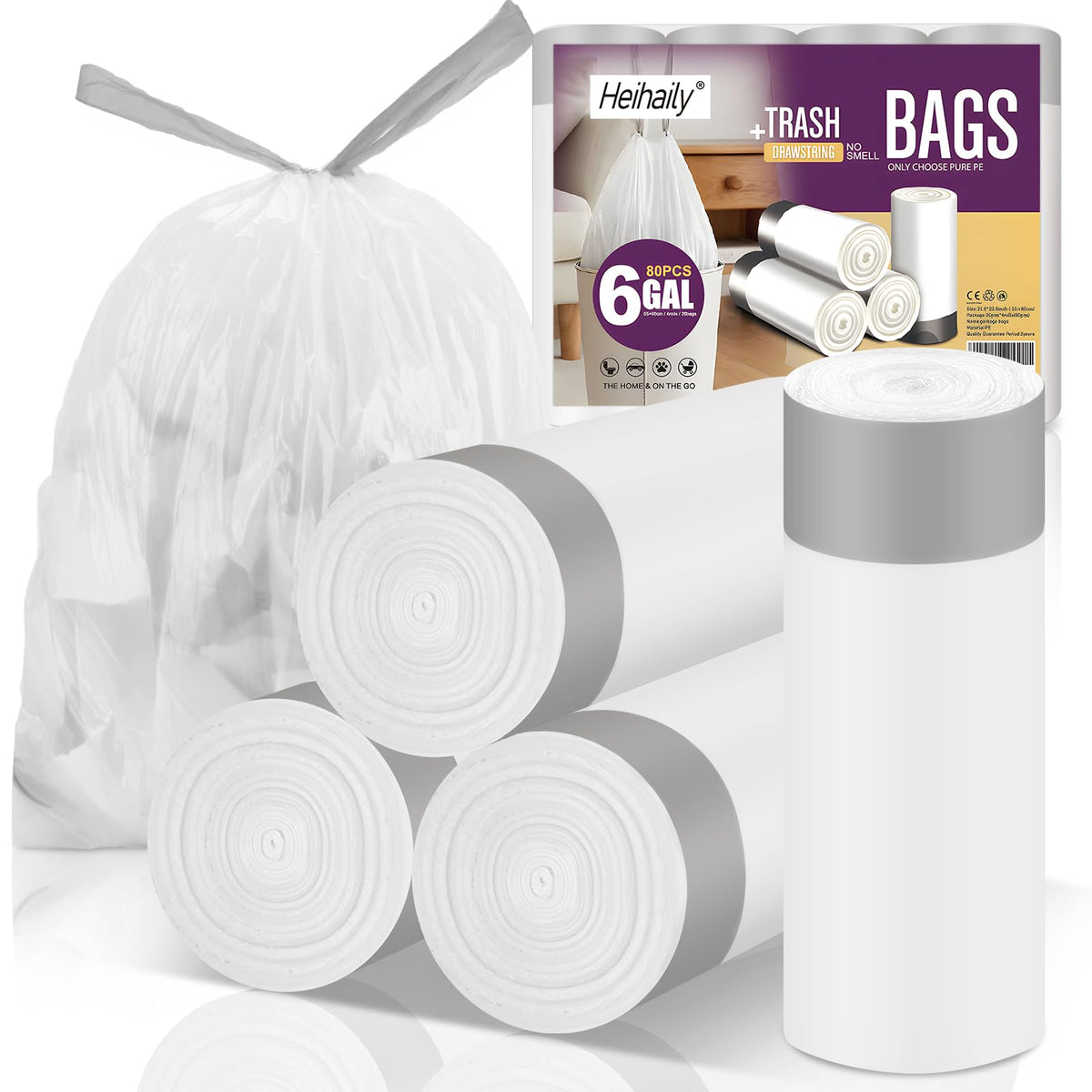 2.6 Gallon Small Trash Bags, Heihaily 60 Count Clear Drawstring Garbage Bags with Leak-Proof Bottom for Bathroom, Office & Bedroom, 16.9 x 17.7 Inch Plastic Waste Bags (≈10 Liter)