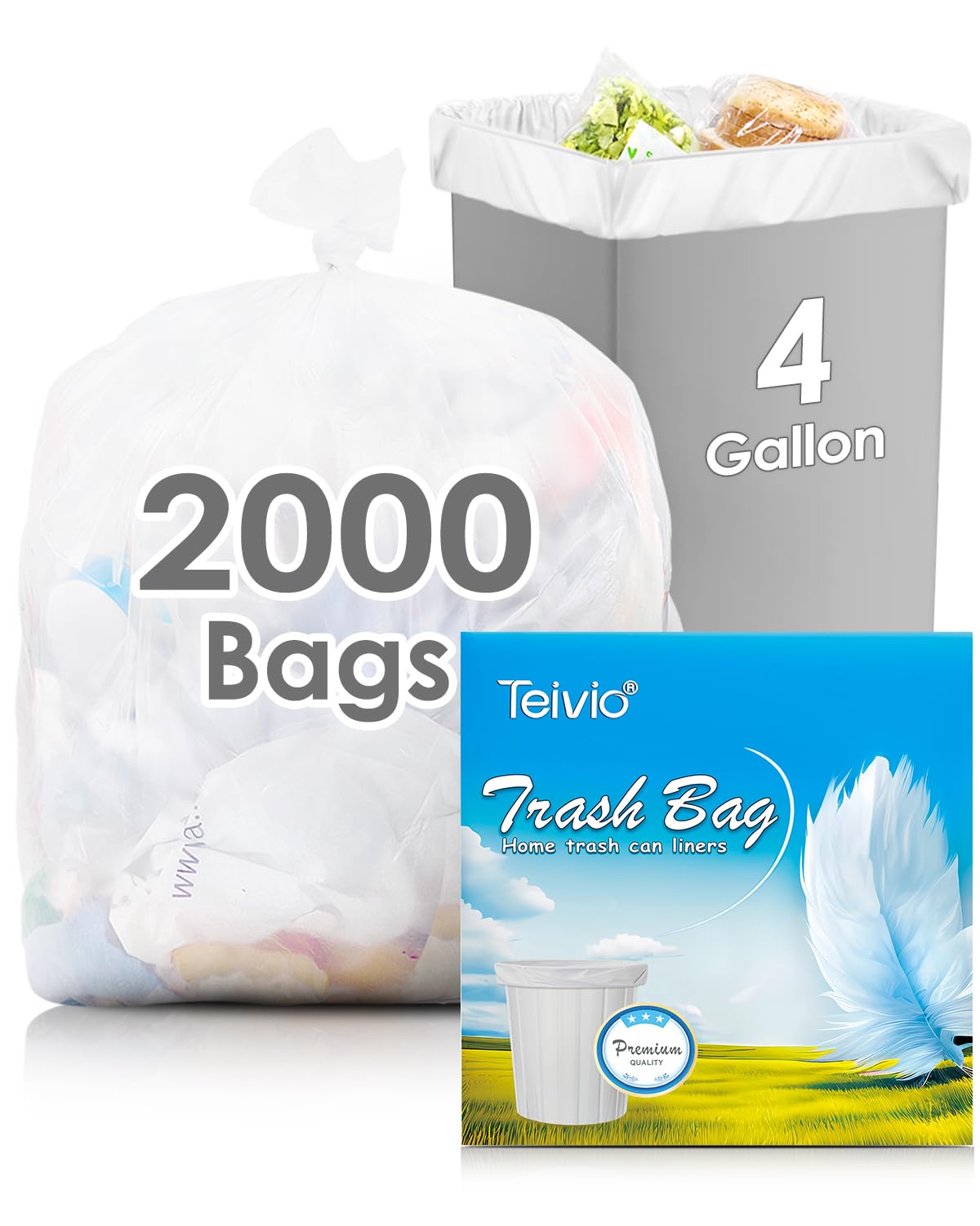 Teivio Small Black Trash Bags 2.5 Gallon 170 Count Unscented Garbage Bags