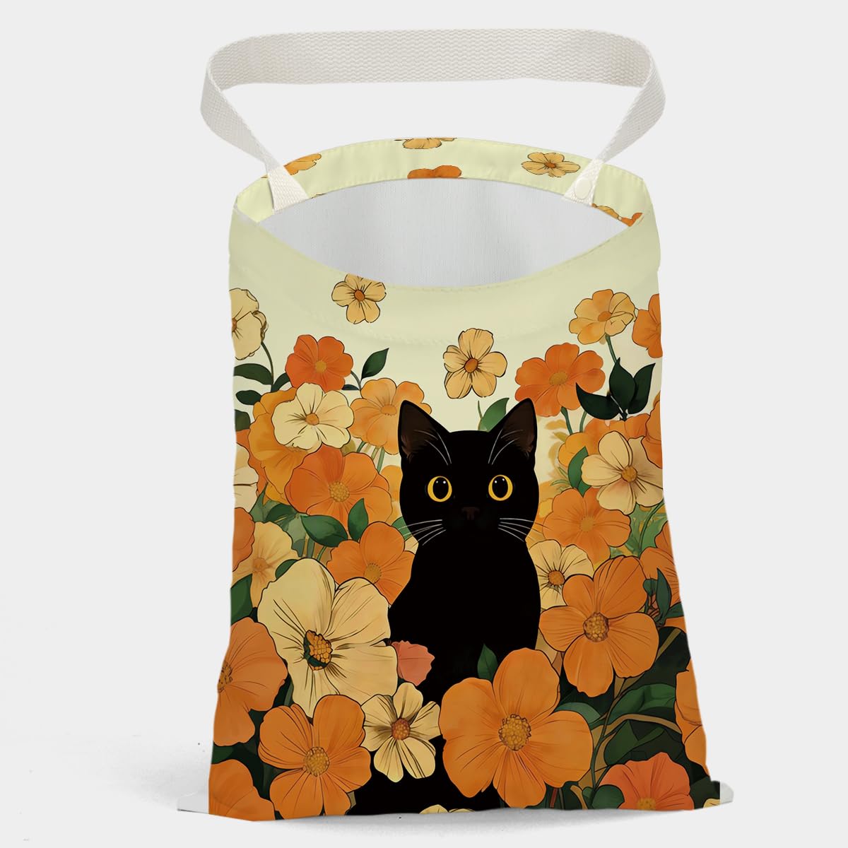 Car Trash Bag, Car Trash Bag Hanging, Country Style Design Hanging Drawstring Adjustable Buckle, Trash Can for Cars SUV, Floral Cute Black Cat Decor 12 x 10 inches
