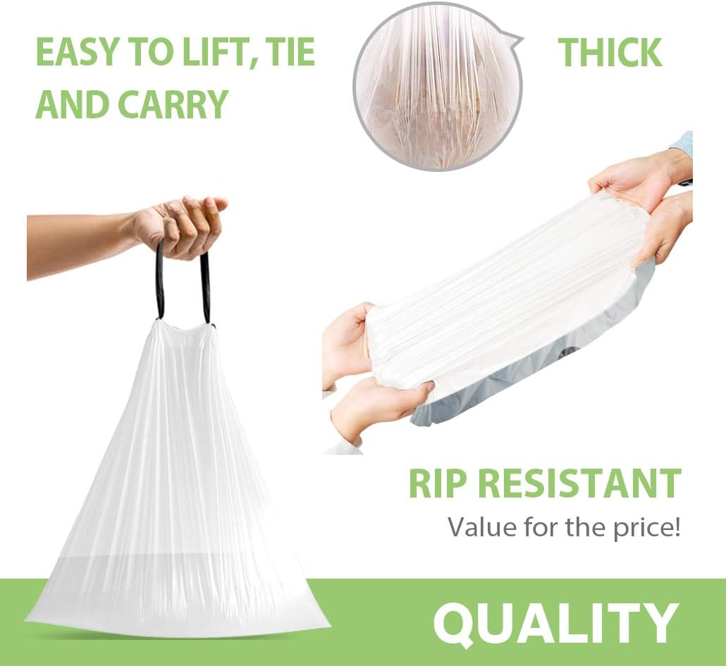 Teivio 2 Gallon Small Drawstring Trash Bags, 90 Count White Garbage Bags, Mini Plastic Bin Liners fit 1.8-2 Gal Waste Bin for Bathroom, Kitchen, Bedroom, Office, Pet Litter, Household Daily Use