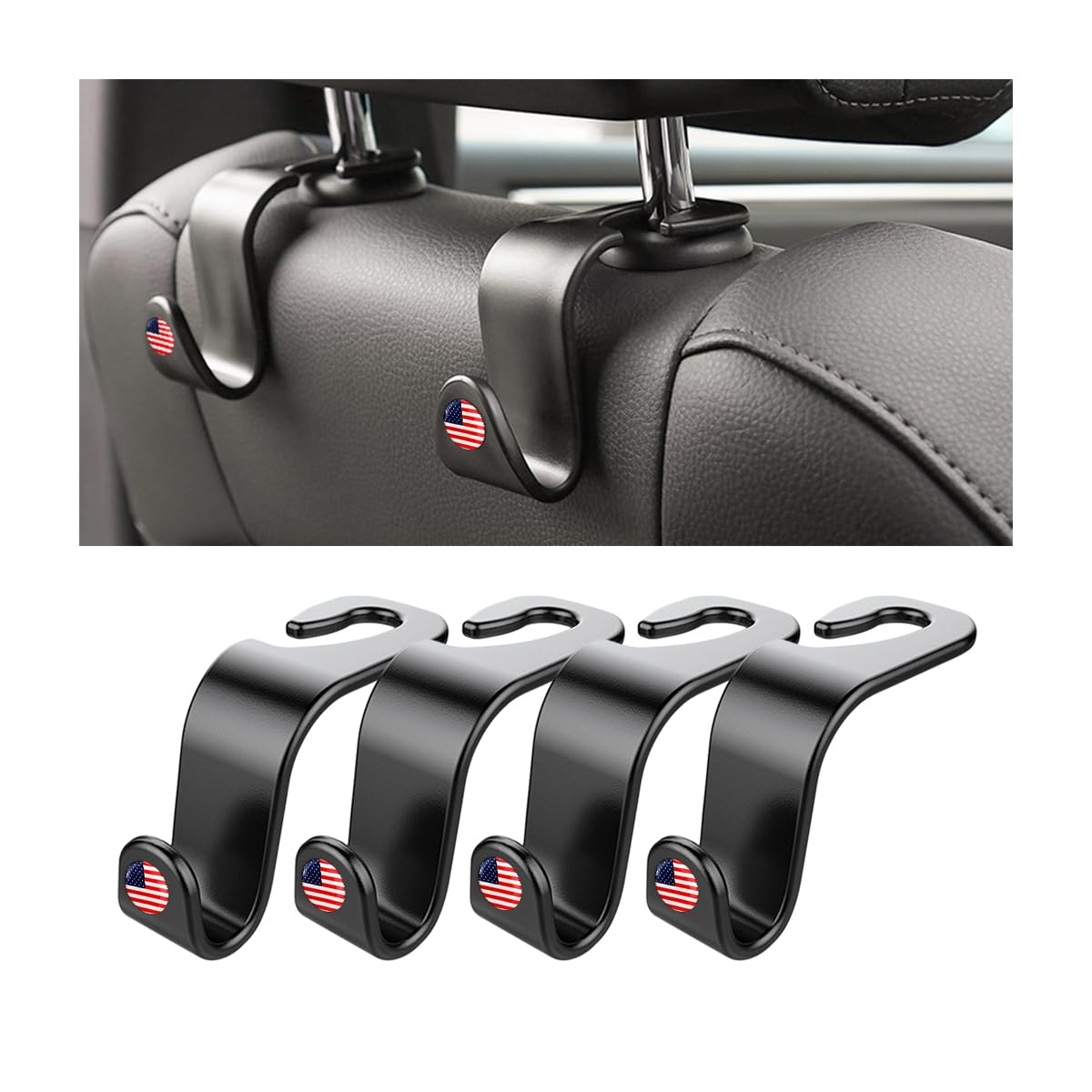 4 Pack Curved Headrest Hooks for Vehicle Seats, Black Style 2