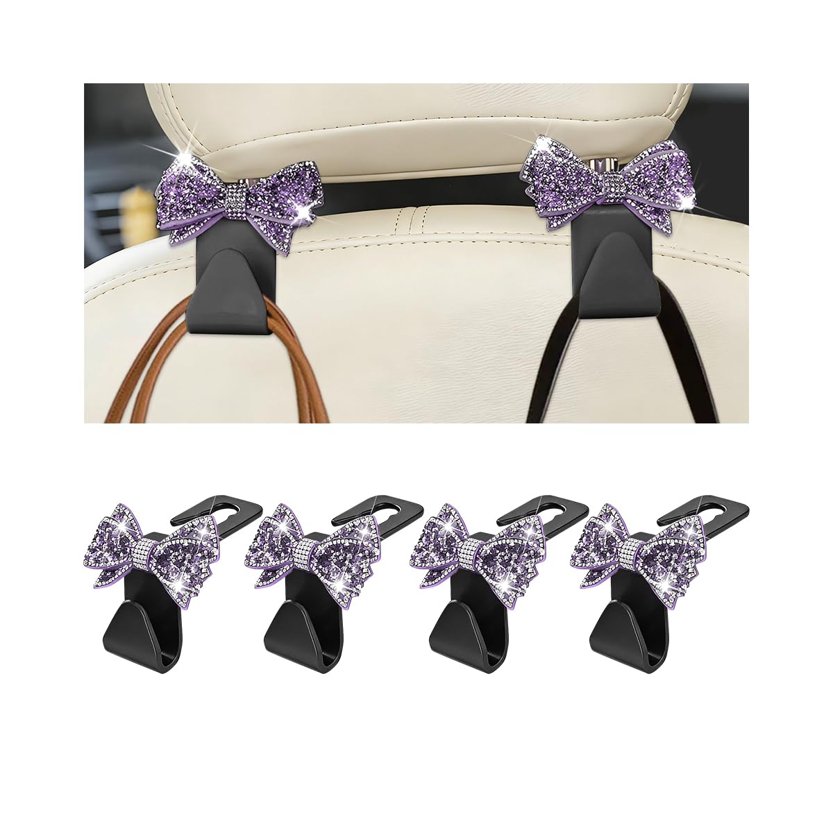 Zpana 4PCS Bling Car Headreat Hook, Crystal Rhinestone Cute Bow, Blue
