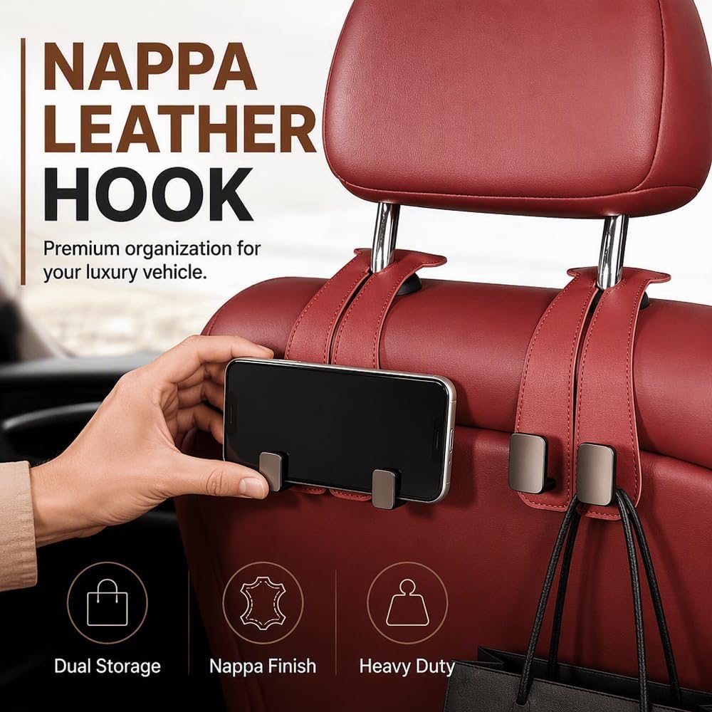 Car Seat Headrest Hooks for Purses and Bags, Double Hook Leather Car Headrest Bag Holder, 90° Rotatable Back Seat Organizer Hook for Sedans, SUVs, Trucks & Vans (Black)