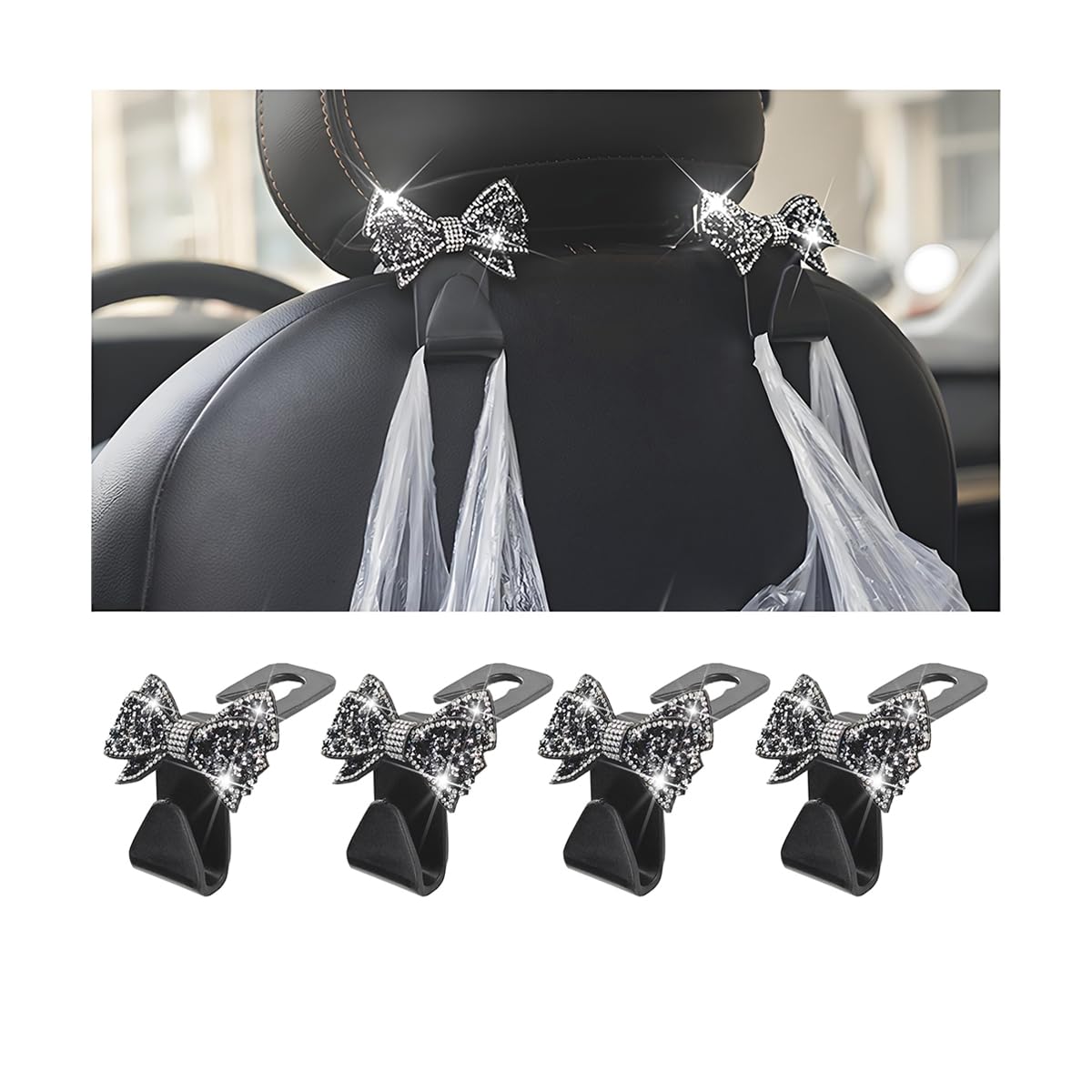 Zpana 4PCS Bling Car Headreat Hook, Crystal Rhinestone Cute Bow, Blue