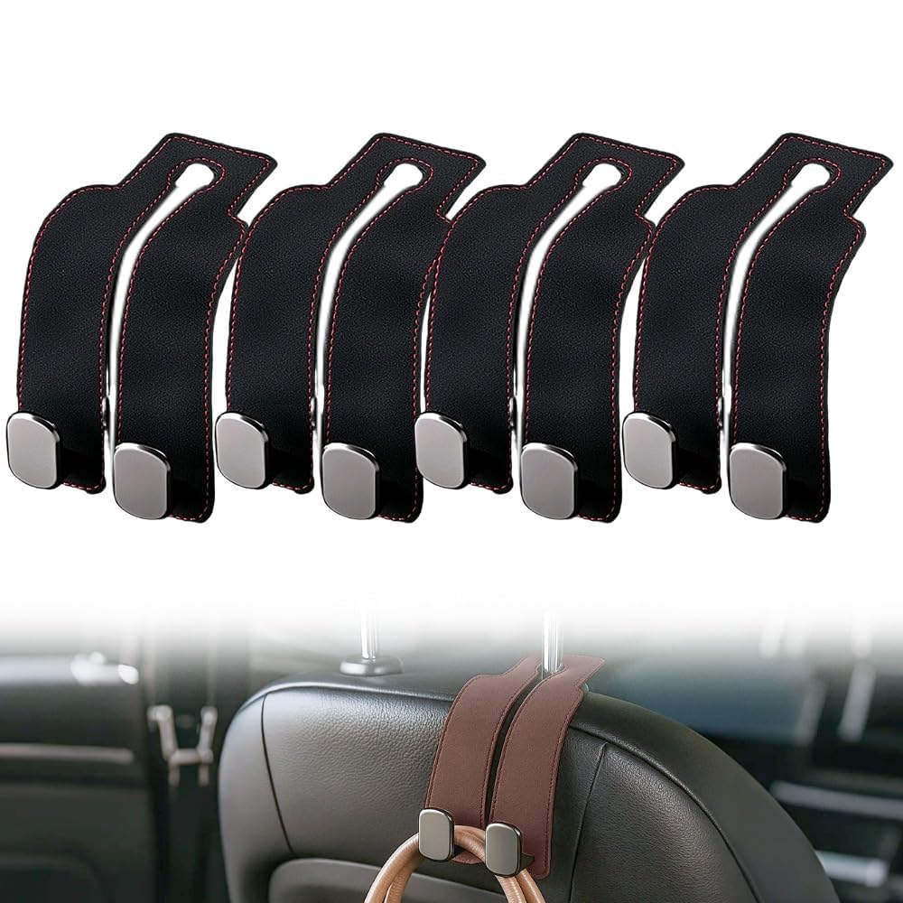 Car Seat Headrest Hooks for Purses and Bags - Support Car Headrest Hooks for Purses and Bags Coat, Leather Car Bag Purse Holder with Double Hooks (Brown-2PC)