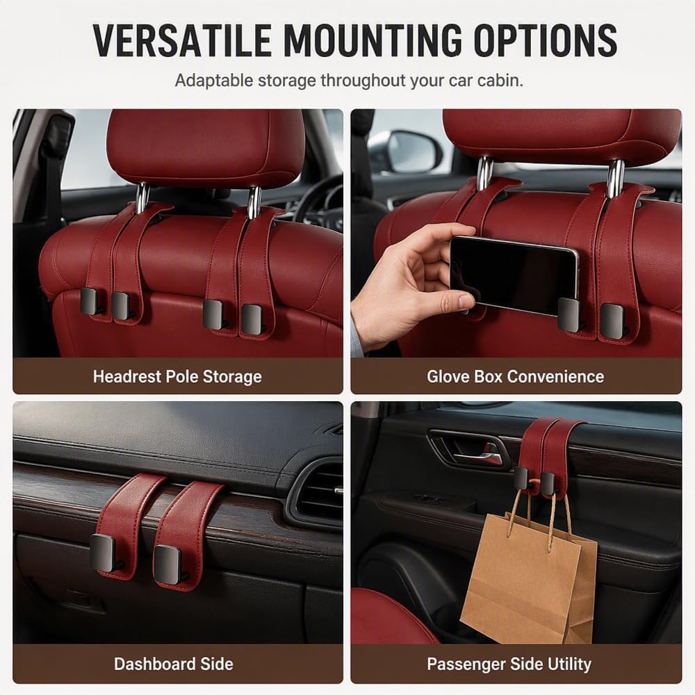 Car Seat Headrest Hooks for Purses and Bags, Double Hook Leather Car Headrest Bag Holder, 90° Rotatable Back Seat Organizer Hook for Sedans, SUVs, Trucks & Vans (Black)