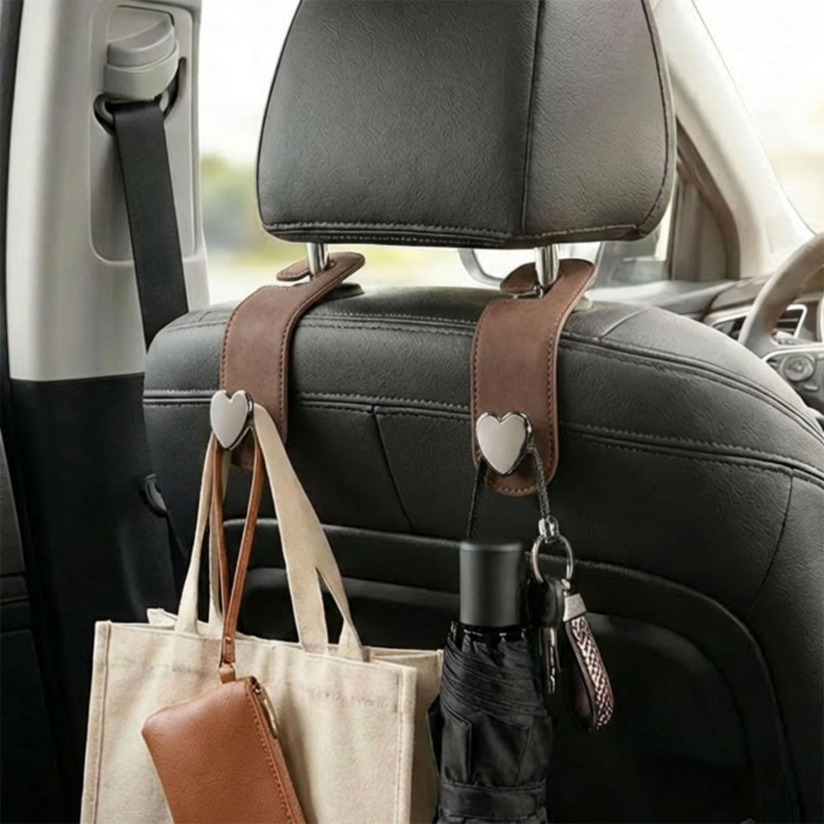 2PCS Cute Heart Car Seat Headrest Hook, Suede Leather Car Seat Back Storage Hanger for Purse and Bag, Universal Vehicle Interior Organizer Accessories for SUV, Truck(Black)