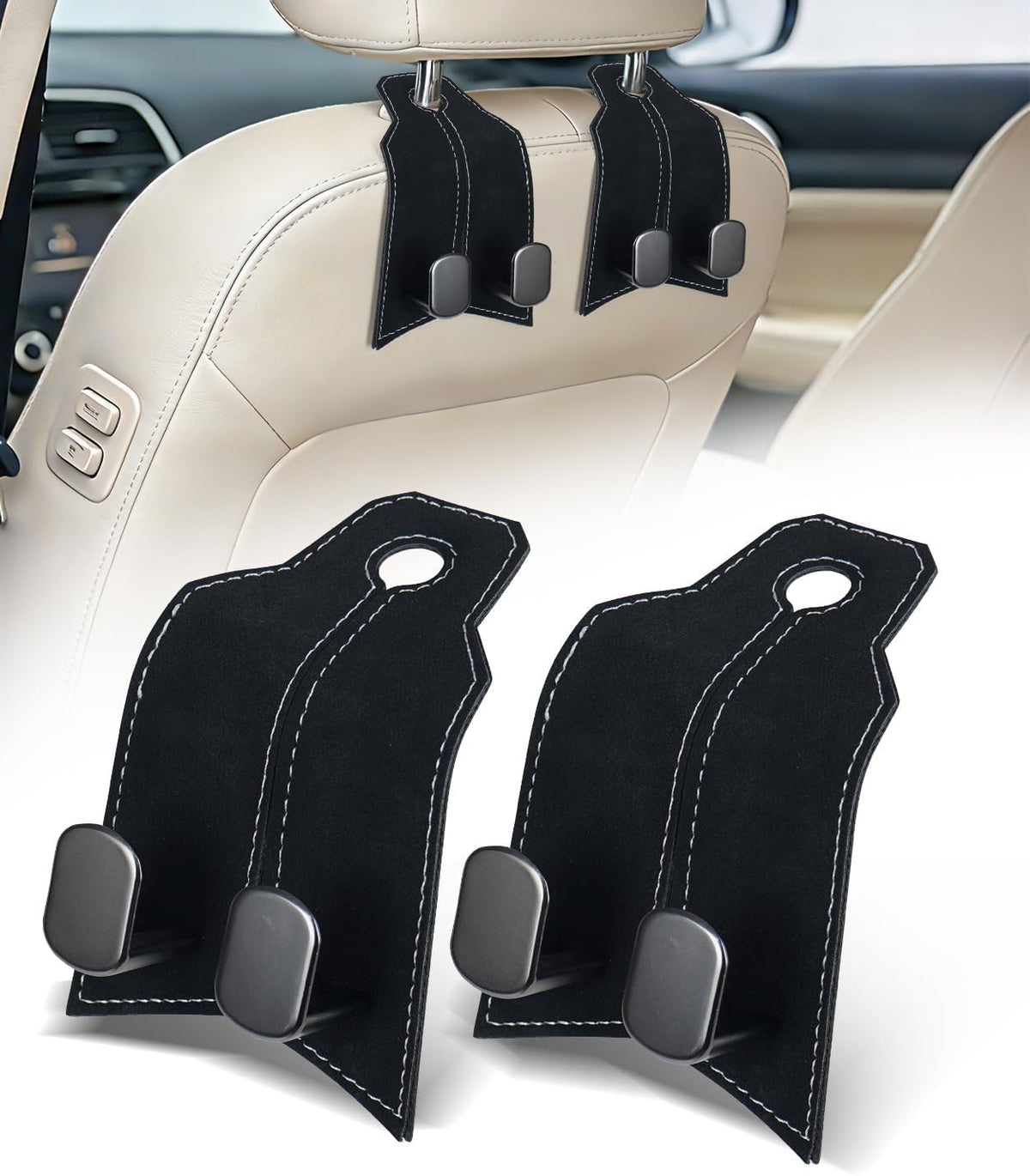 Purse Hook for Car, Car Hooks for Seat Headrest Metal & Premium Leather 2026 Latest, Auto Headrest Hanger Organizer Accessories for Purses and Bags, 2 Pack Black