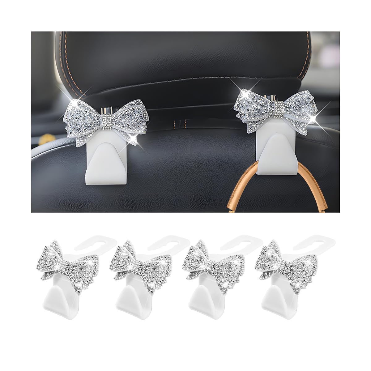 Zpana 4PCS Bling Car Headreat Hook, Crystal Rhinestone Cute Bow, Blue