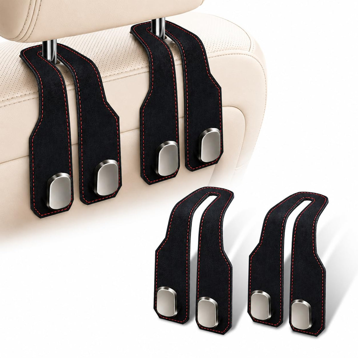 2 Pack Car Headrest Hooks, Dual Metal Hooks, Stylish Brown