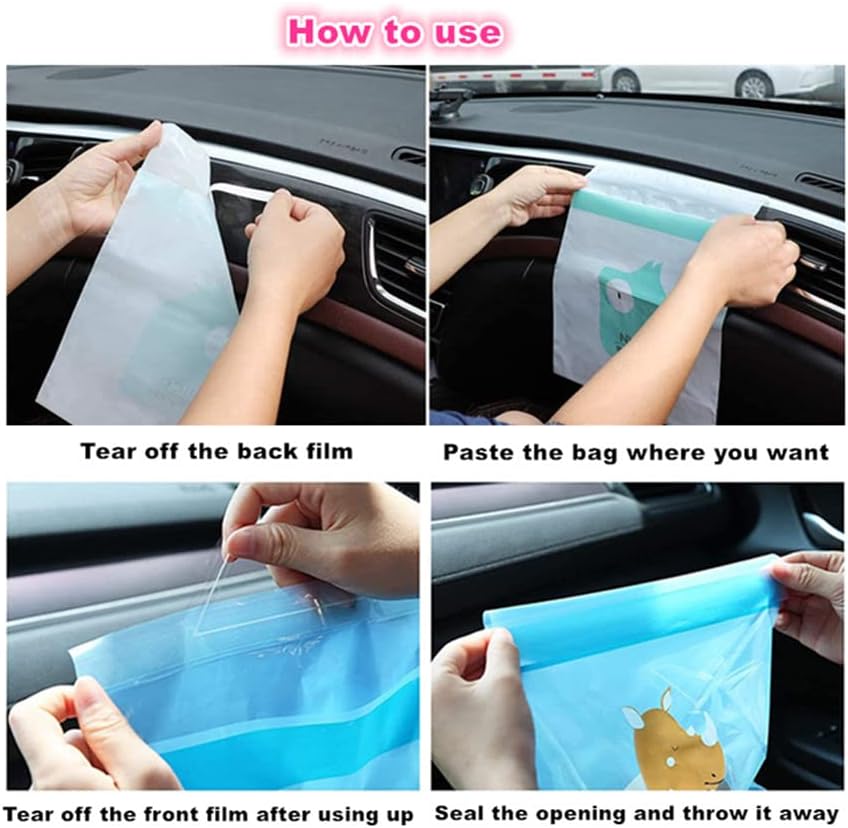 Car Trash Bag,Portable Stick-On Disposable Self-adhesive Vehicle-mounted Car Garbage Bags Leak-proof Vomit Bag Kitchen Waterproof Storage Bag (60pcs)
