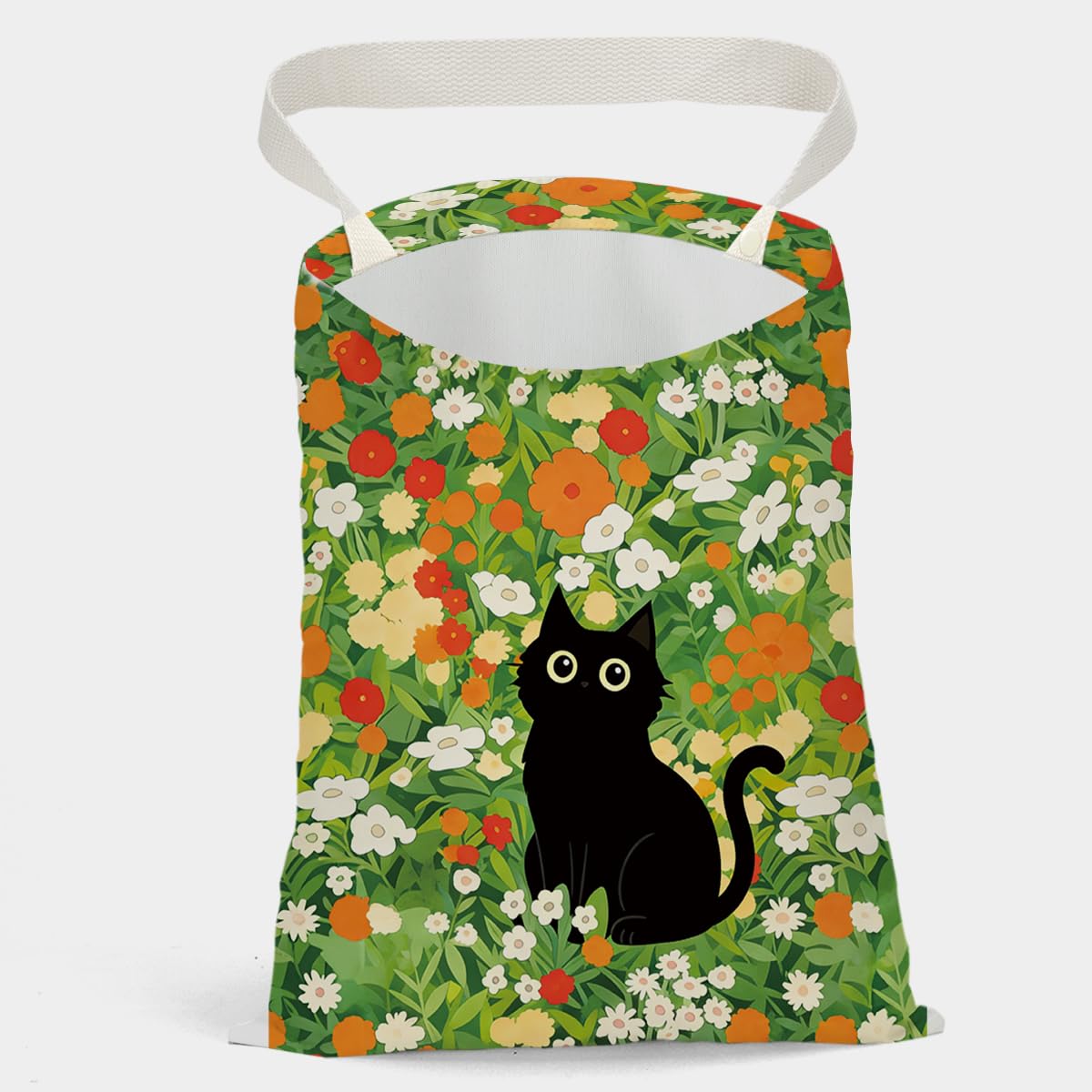 Car Trash Bag, Car Trash Bag Hanging, Country Style Design Hanging Drawstring Adjustable Buckle, Trash Can for Cars SUV, Floral Cute Black Cat Decor 12 x 10 inches