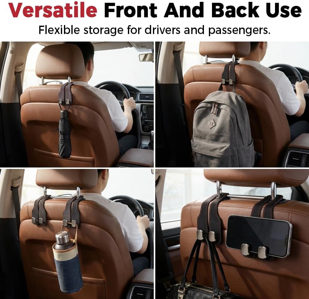 Car Headrest Hooks 2 Pack, Double Hook Seat Organizer for Purses Bags,Black