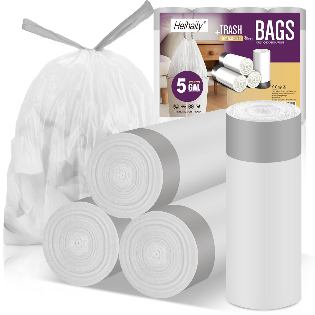 2.6 Gallon Small Trash Bags, Heihaily 60 Count Clear Drawstring Garbage Bags with Leak-Proof Bottom for Bathroom, Office & Bedroom, 16.9 x 17.7 Inch Plastic Waste Bags (≈10 Liter)