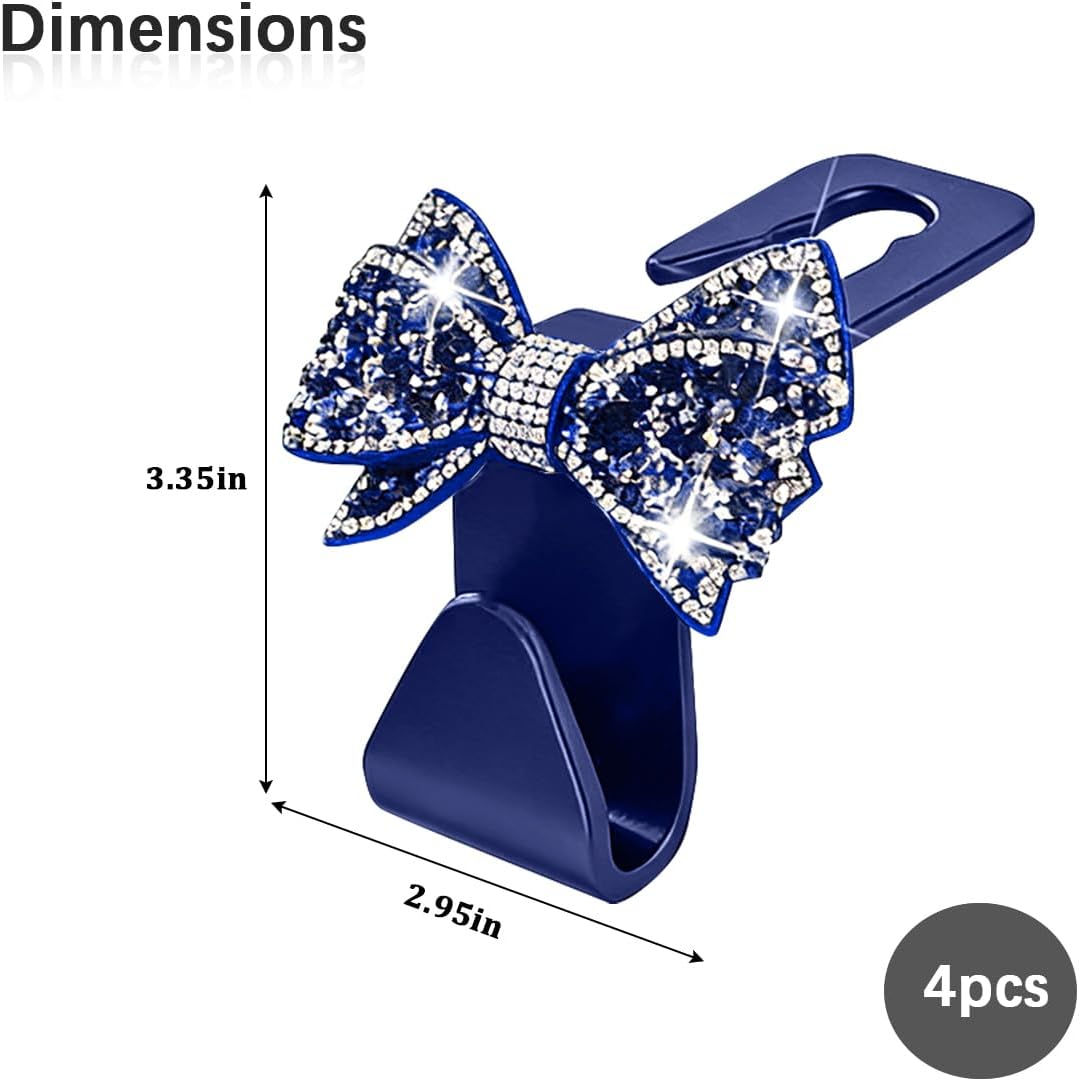 Zpana 4PCS Bling Car Headreat Hook, Crystal Rhinestone Cute Bow, Blue