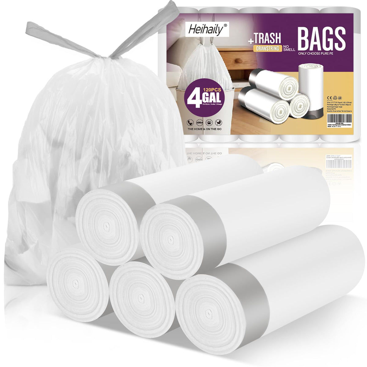 2.6 Gallon Small Trash Bags, Heihaily 60 Count Clear Drawstring Garbage Bags with Leak-Proof Bottom for Bathroom, Office & Bedroom, 16.9 x 17.7 Inch Plastic Waste Bags (≈10 Liter)