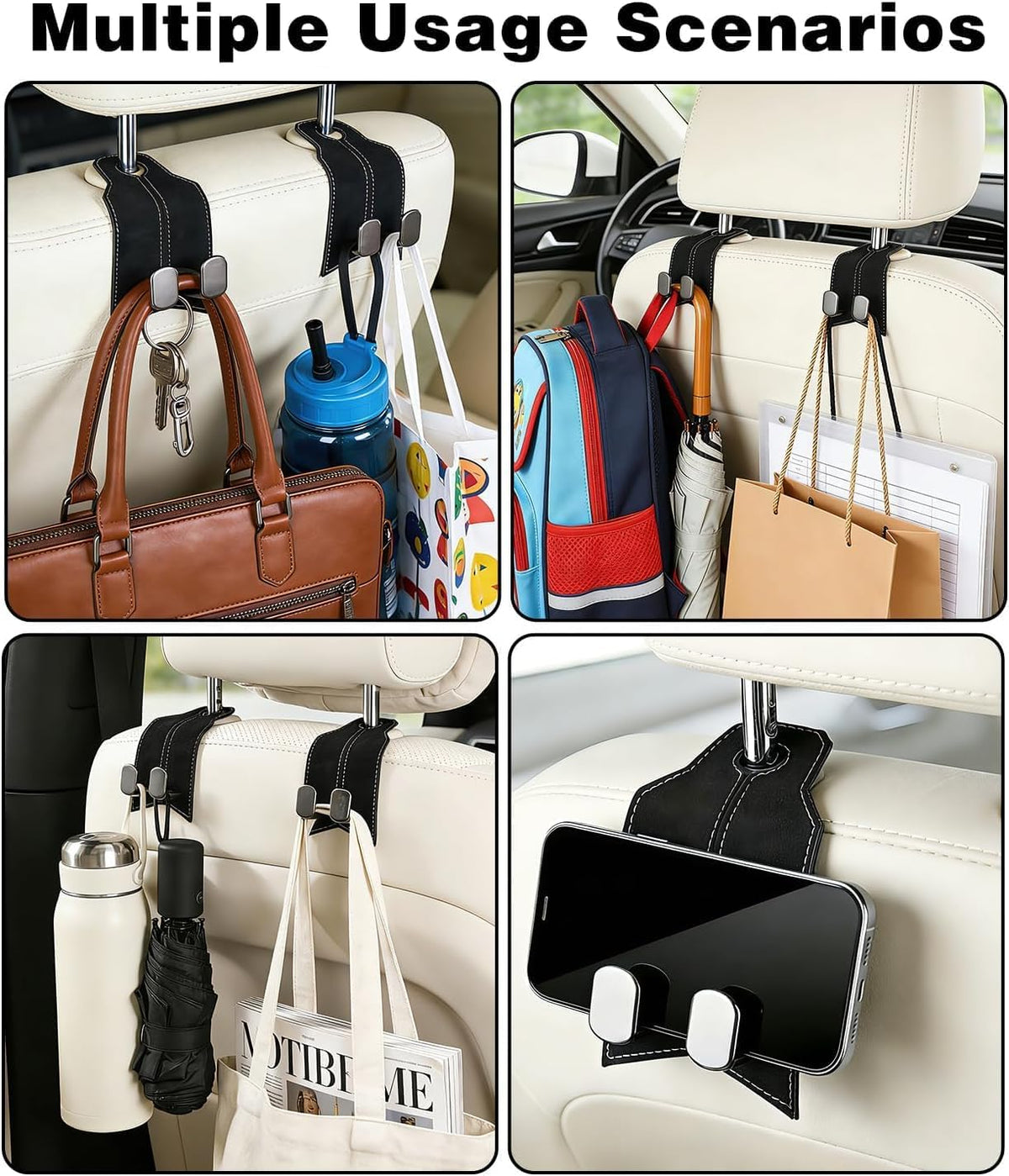 Purse Hook for Car, Car Hooks for Seat Headrest Metal & Premium Leather 2026 Latest, Auto Headrest Hanger Organizer Accessories for Purses and Bags, 2 Pack Black