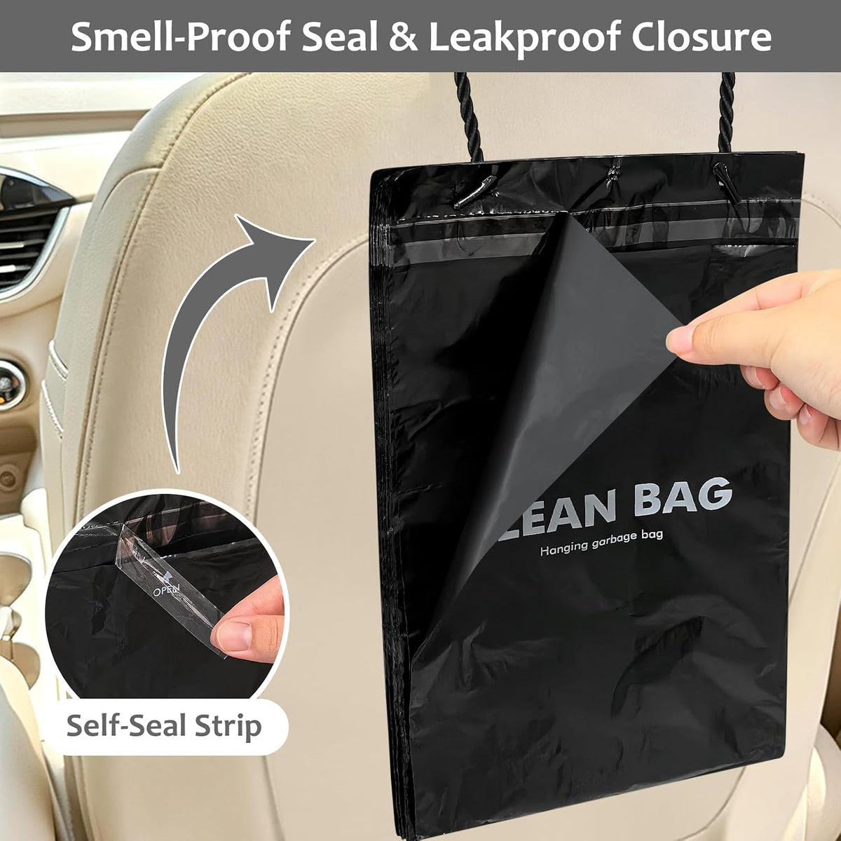 Accmor Hanging Car Trash Bags, 50 Count Disposable Garbage Bags, Easy Stick-On Headrest Waist Bin for Sedan, SUV, Truck, RV, Easy Tear Roll, Leak-Proof, Black