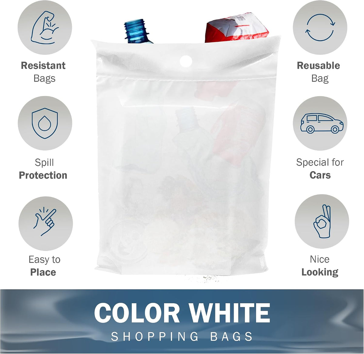 12x15 White Car Trash Bags, Leak-Proof, Headrest Handle, 2 Mil, 50 Pack