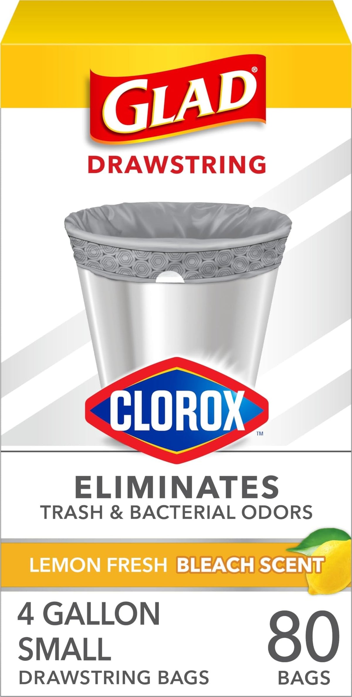 Glad Small Drawstring Trash Bags with Clorox, 4 Gal, Lemon Fresh Bleach, 34 Ct (Package May Vary)
