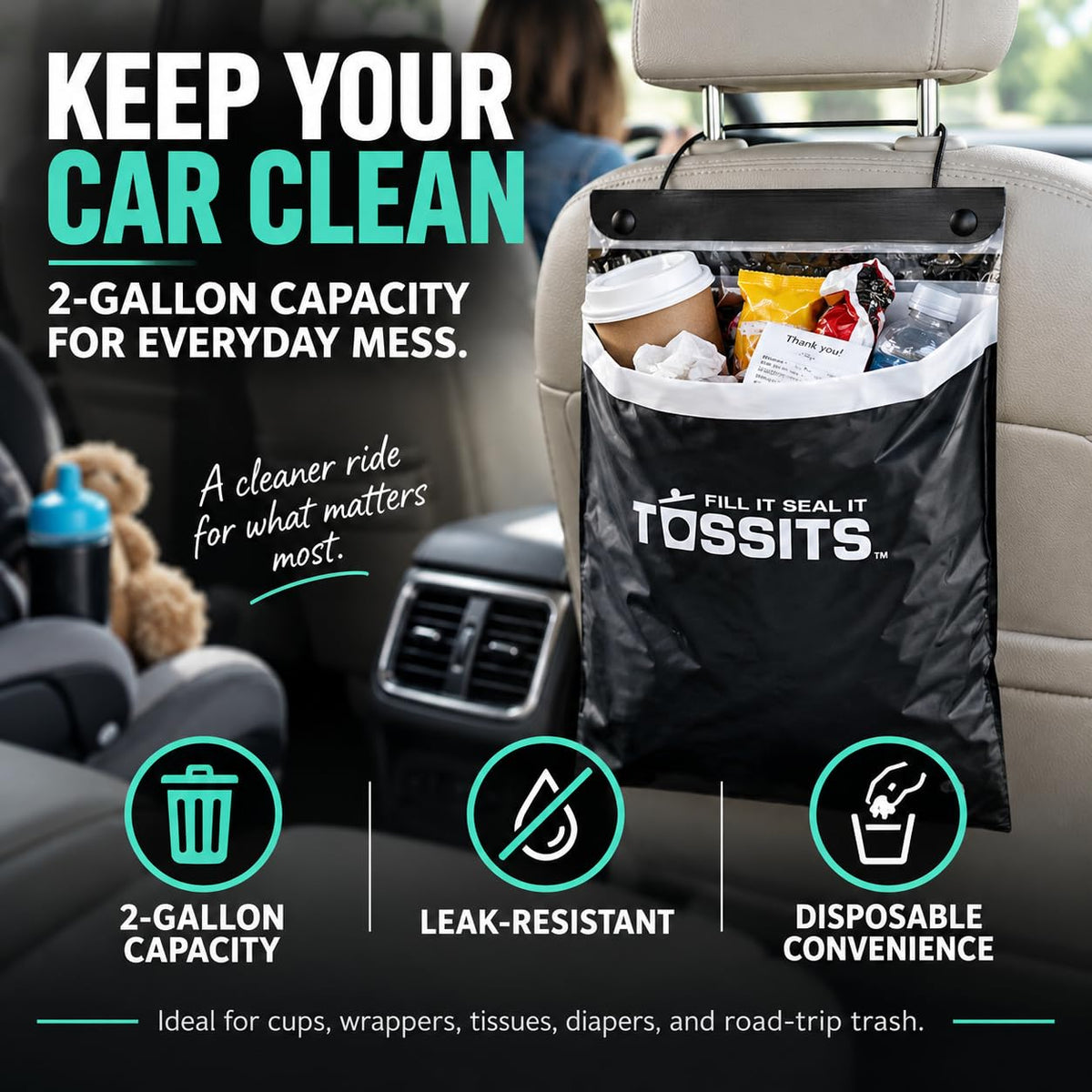 Tossits Hanging Car Trash & Garbage Bags, Disposable, Black 21 Count