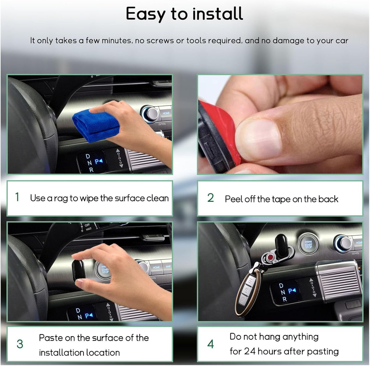 Dickno 4 PCS Car Mini Hook, Multifunctional Auto Adhesive Backseat Hangers on Dashboard, Universal Hook Stickers for Key, Mask, Earphone, Charging Cable, Vehicle Interior Accessories (Glossy)