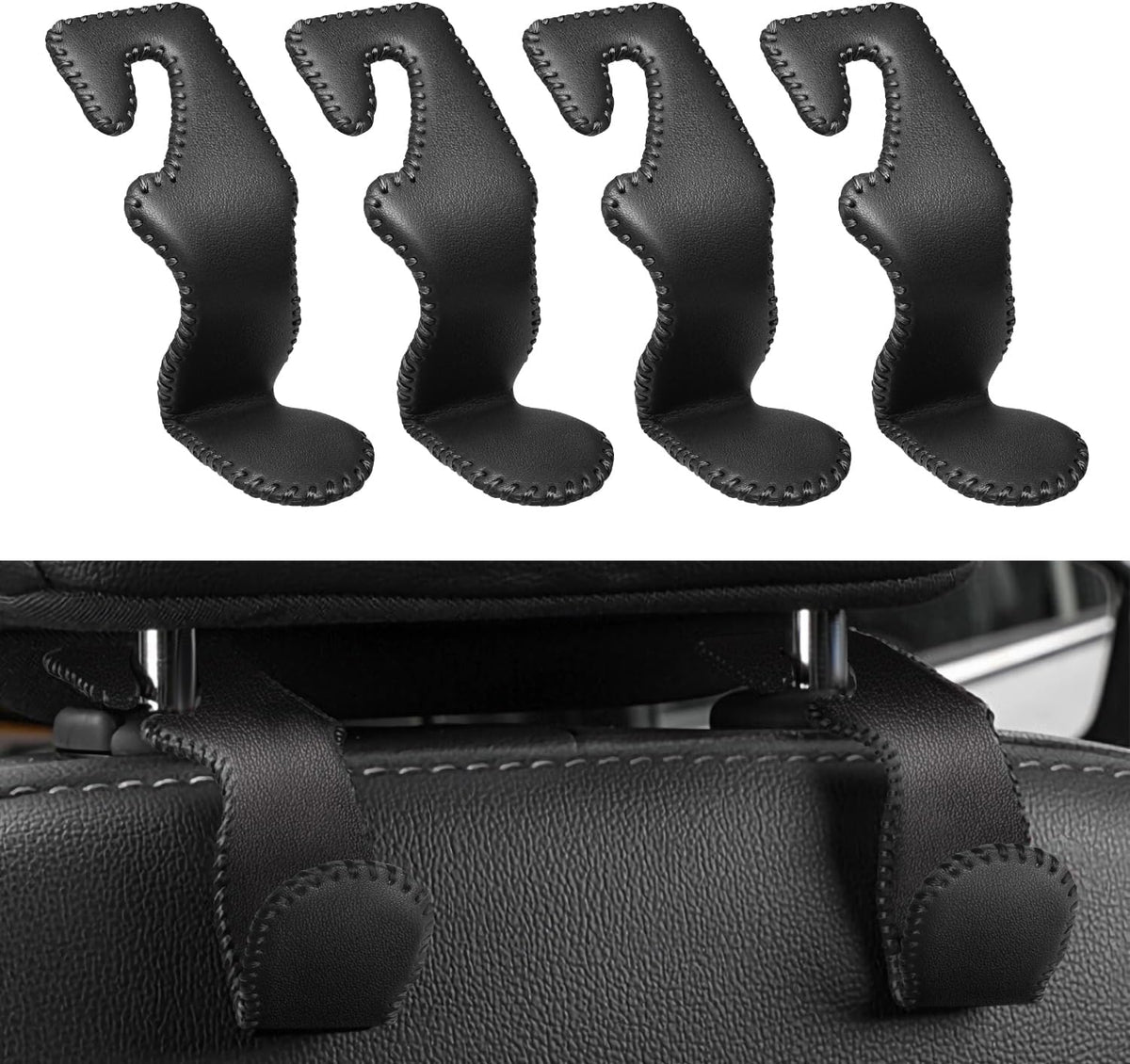 4 Pack Superior Leather Car Seat Headrest Hooks with 44 Pounds Load Capacity, Hangers Storage Organizer Universal Car Interior Accessories for Handbags Water Bottles Umbrellas, Black & Red