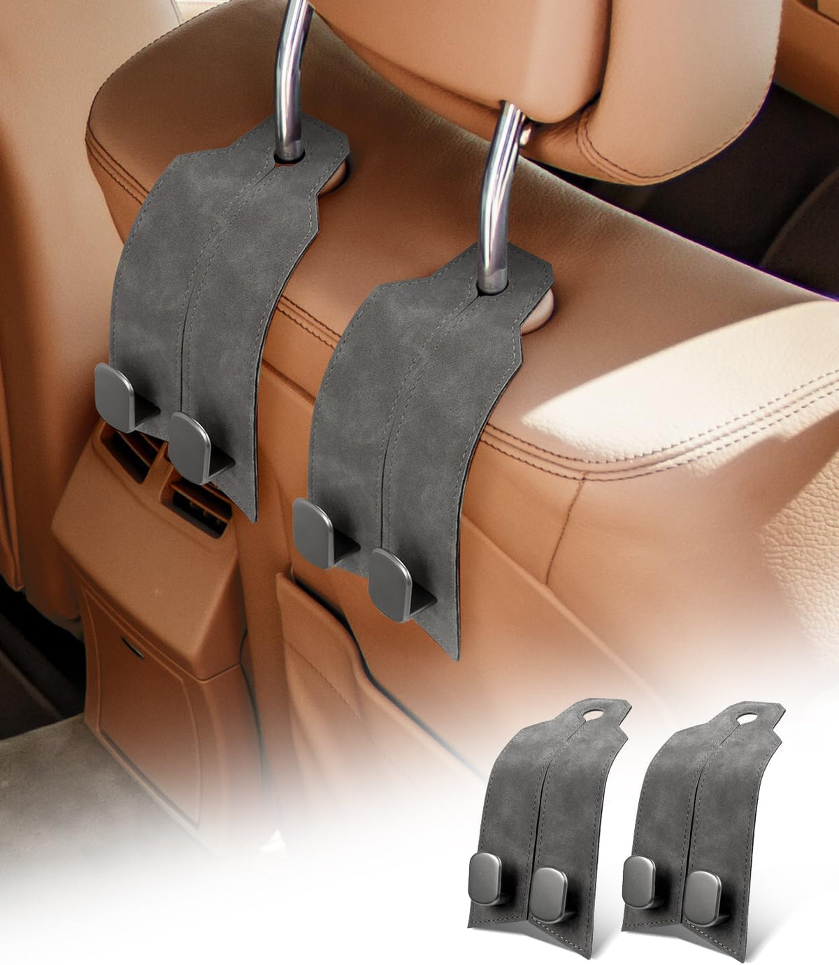 Purse Hook for Car, Car Hooks for Seat Headrest Metal & Premium Leather 2026 Latest, Auto Headrest Hanger Organizer Accessories for Purses and Bags, 2 Pack Black