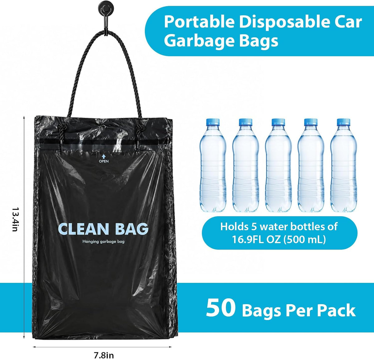 50 PCS Disposable Hanging Car Trash Bags, 2 Gallon Garbage Bags(13.4"x7.8")