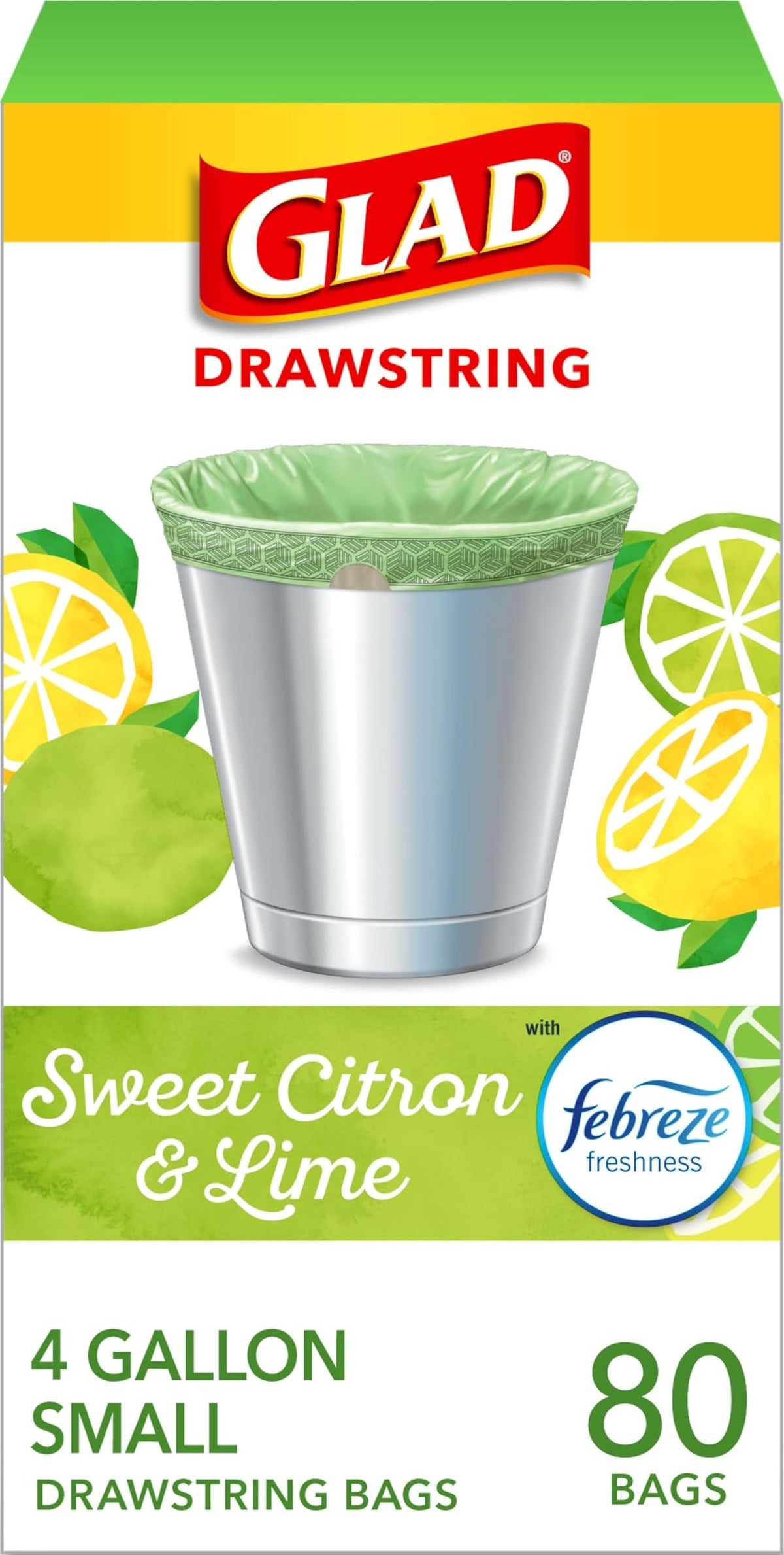 Glad Small Drawstring Trash Bags with Clorox, 4 Gal, Lemon Fresh Bleach, 34 Ct (Package May Vary)