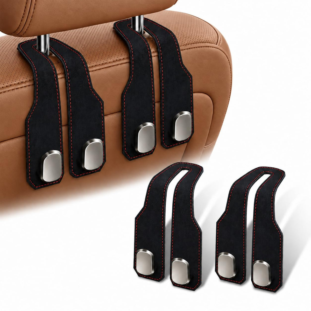 2 Pack Car Headrest Hooks, Dual Metal Hooks, Stylish Brown