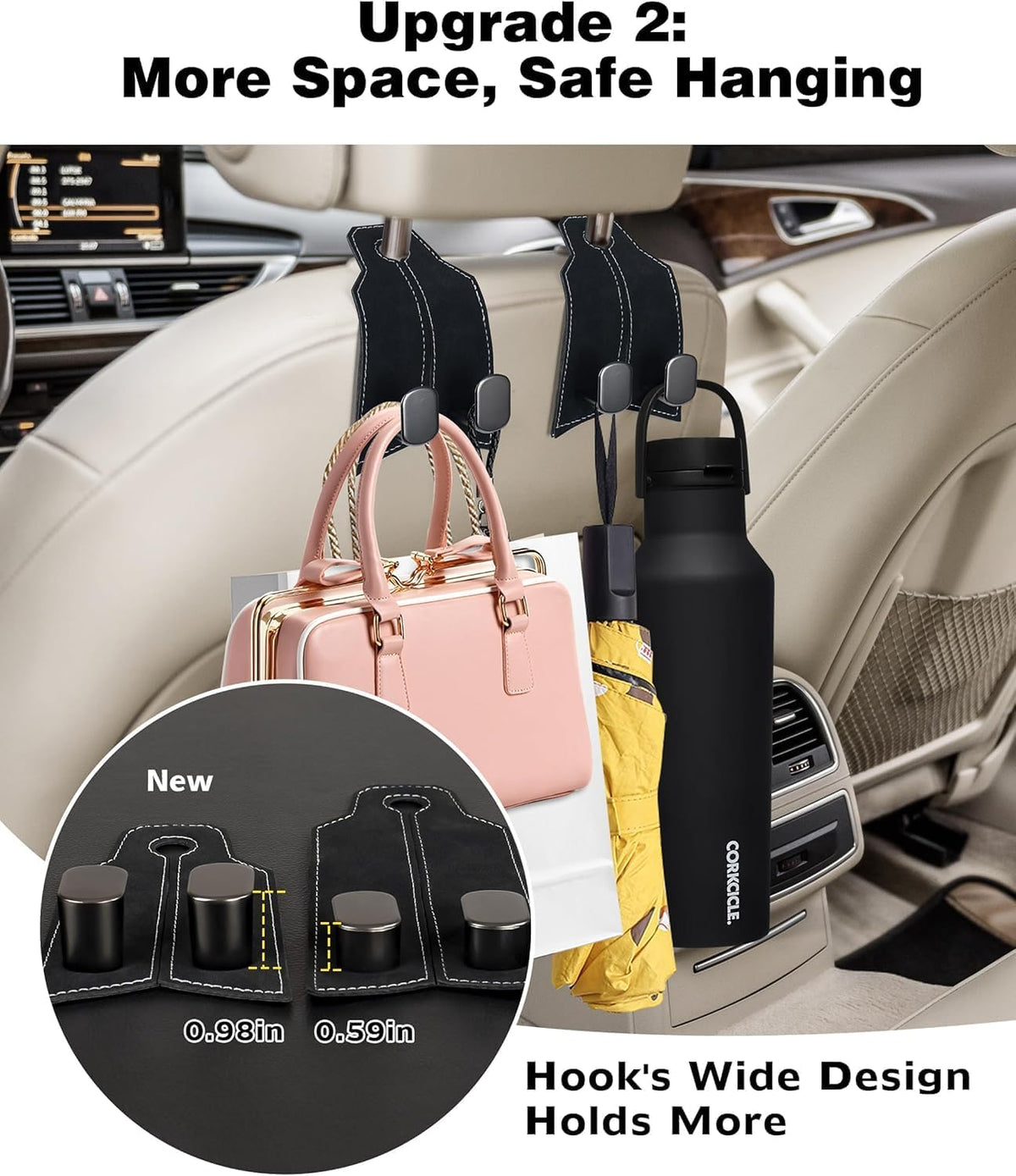Purse Hook for Car, Car Hooks for Seat Headrest Metal & Premium Leather 2026 Latest, Auto Headrest Hanger Organizer Accessories for Purses and Bags, 2 Pack Black