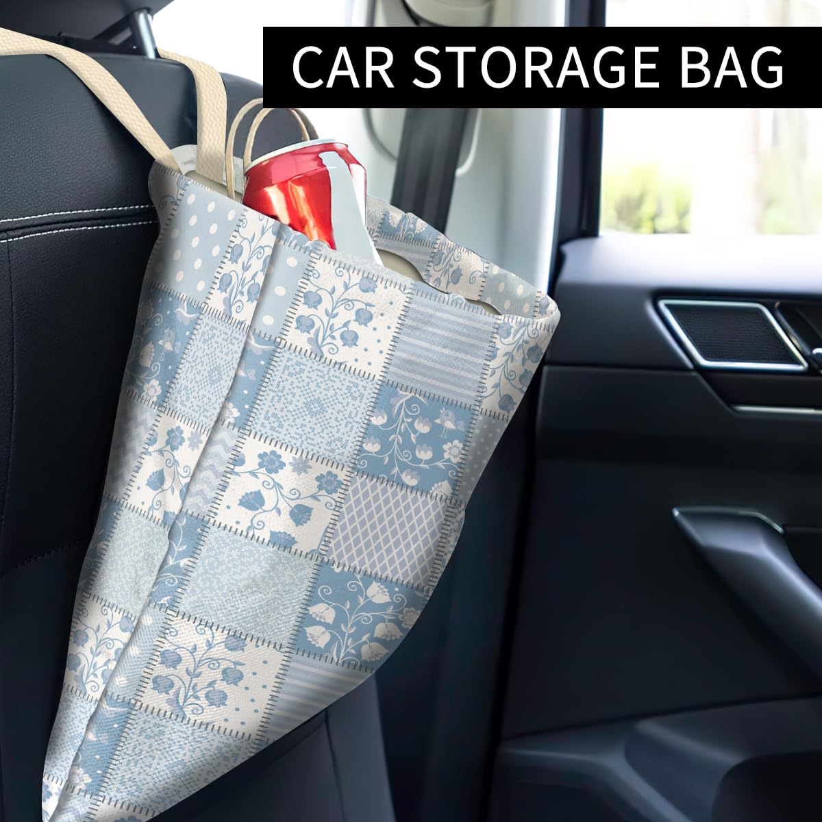 Car Trash Can, Cute Car Trash Bag, Hanging Car Organizer and Storage Bag, Trash Bin for Car Accessories, Vehicle, Travelling, Camping Blue Patchwork Flower