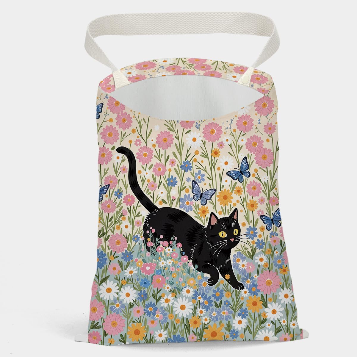 Car Trash Bag, Car Trash Bag Hanging, Country Style Design Hanging Drawstring Adjustable Buckle, Trash Can for Cars SUV, Floral Cute Black Cat Decor 12 x 10 inches