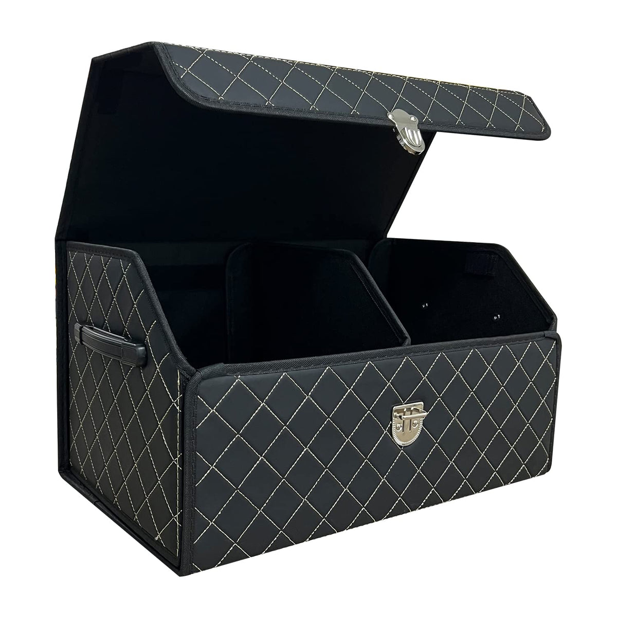 Car Trunk Organizer with Lid,Foldable Faux Leather Cargo Storage Box,3 Compartments,Collapsible Multi-Functional for SUV,Sedan,Vehicle Trunk