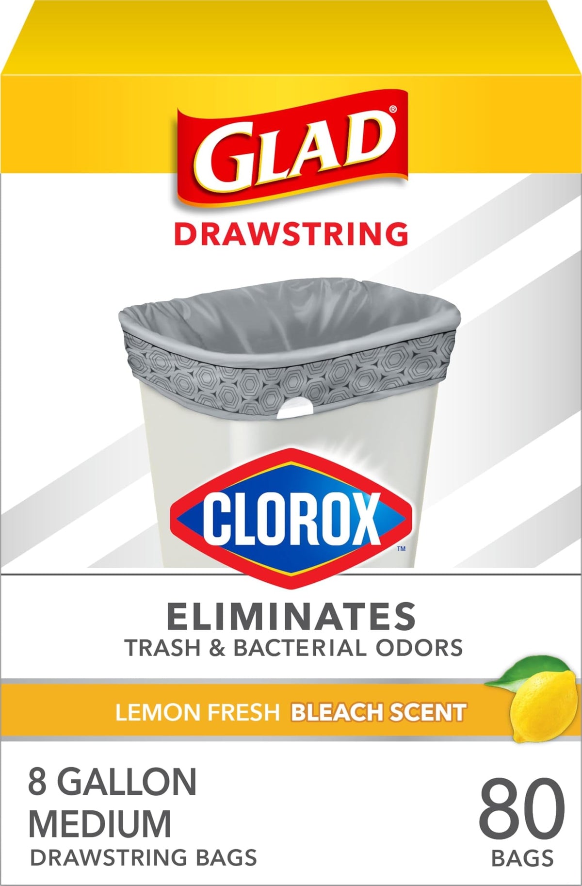 Glad Medium Drawstring Trash Bags, Rip and Tear Resistant, Fresh Clean Scented Garbage Bags, Odor Control, Febreze Freshness, 8 Gallon Trash Bags, 80 Count